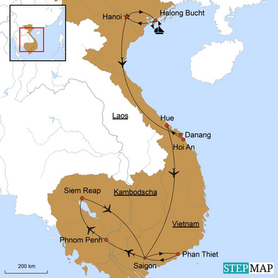 Karte Vietnam Kambodscha Rundreise mit Baden auf Phan Thiet, Vietnam Kambodscha Rundreise