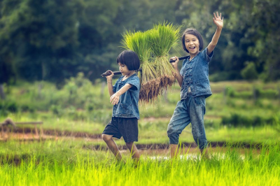 Kinder im Reisfeld, Vietnam Kambodscha Reise