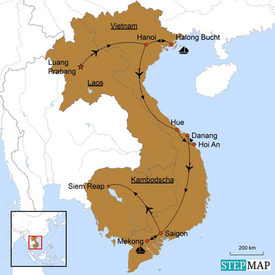 Reiseverlauf Spurensuche in Indochina, Vietnam Laos Kambodscha Reise