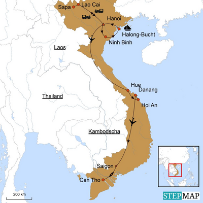 Karte, Vietnam Rundreise, Besuch bei Land und Leuten
